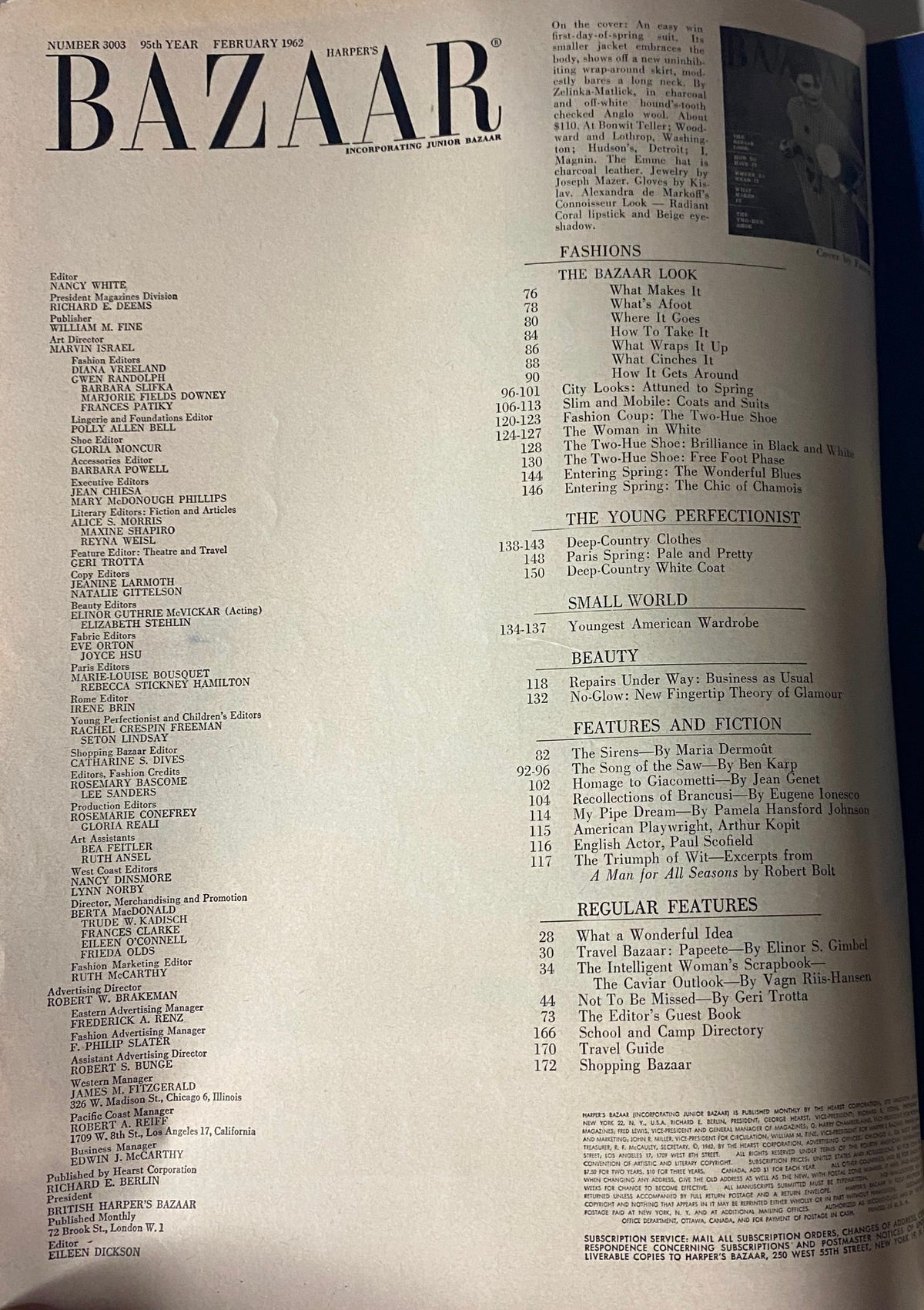 Table of Contents from Harper's Bazaar Magazine February 1962 featuring highlights from the issue, including fashion articles and features.