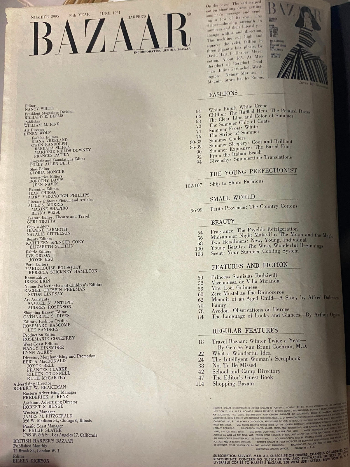 Table of contents from Harper's Bazaar Magazine June 1961, showcasing featured articles and fashion highlights.