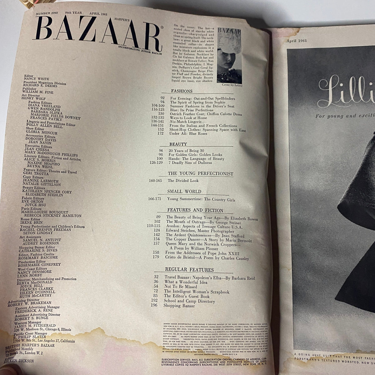 Table of contents page from Harper's Bazaar Magazine April 1961, listing various fashion and beauty features, including articles by notable authors and fashion highlights.