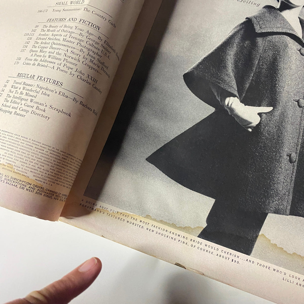 Close-up view of an article in Harper's Bazaar Magazine April 1961, detailing a fashion feature and addressing the editorial tone of the magazine.