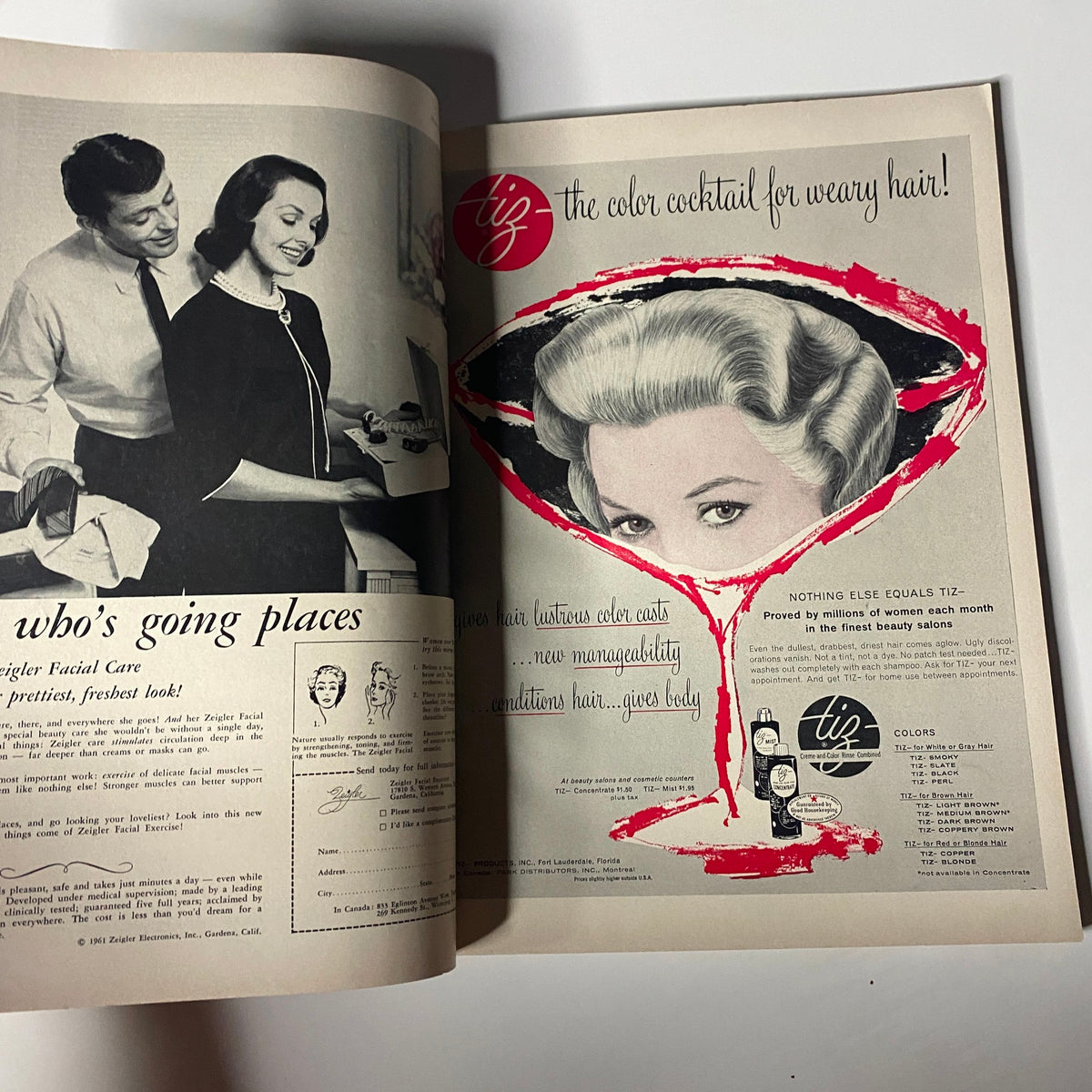 Vintage advertisement from Harper's Bazaar Magazine April 1961 promoting hair care products, styled in an eye-catching, colorful design.