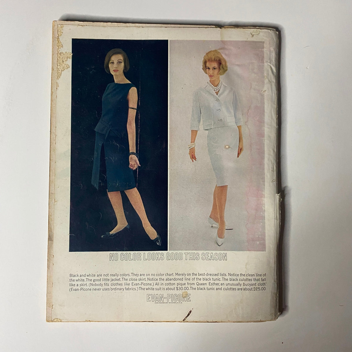 Back cover of Harper's Bazaar Magazine April 1961, showcasing fashion illustrations of two women in elegant outfits, emphasizing seasonal styles.