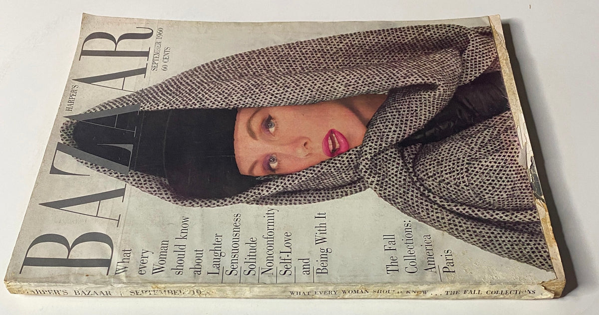 Another view of the cover of Harper's Bazaar Magazine, September 1960, showcasing a model with bold makeup, highlighting the America Paris Fall Collections.