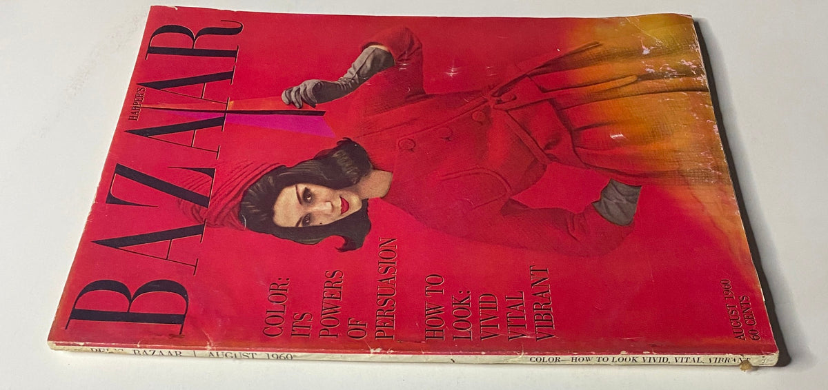 Another angle of Harper's Bazaar Magazine August 1960 cover with a striking red background, featuring a model in a stylish outfit that embodies the magazine's focus on vibrant fashion from the 1960s.