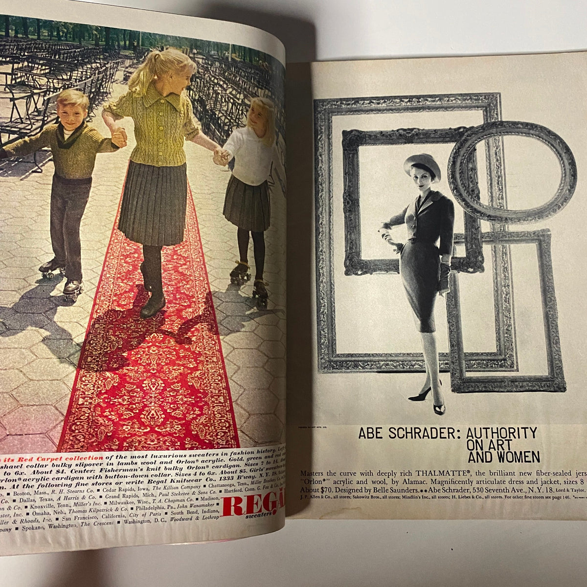 An interior spread from Harper's Bazaar Magazine August 1960 displaying a sophisticated advertisement juxtaposed with a photo featuring young girls on a red carpet, exemplifying fashion and artistry from that time.
