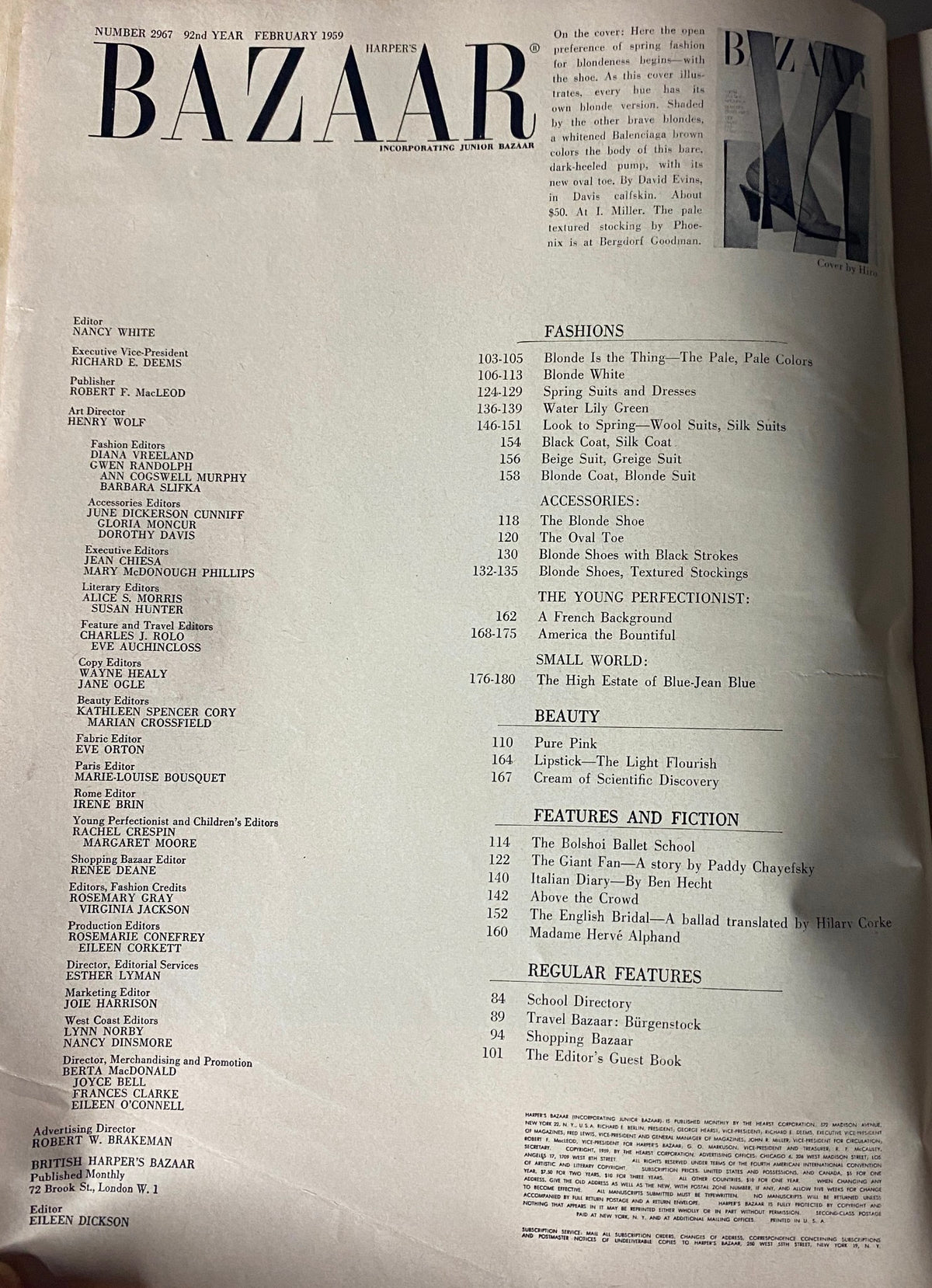 Contents page of Harper's Bazaar Magazine February 1959 listing articles, fashions, and features. The issue includes 'The Giant Fan' by Paddy Chayefsky and highlights on fashion, beauty, and ballet.