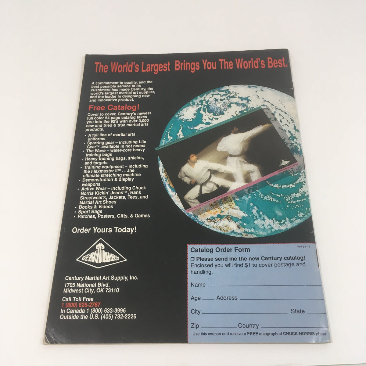 Back cover of Karate Kung Fu Illustrated showcasing Century Martial Art Supply advertisement, featuring a catalog order form and martial arts product promotions.