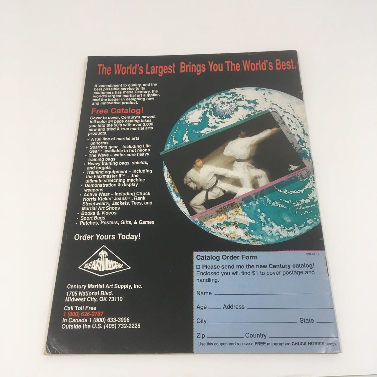 Back cover of Karate Kung Fu Illustrated showing details of Century Martial Art Supply with a focus on promotional offerings and a catalog order form.