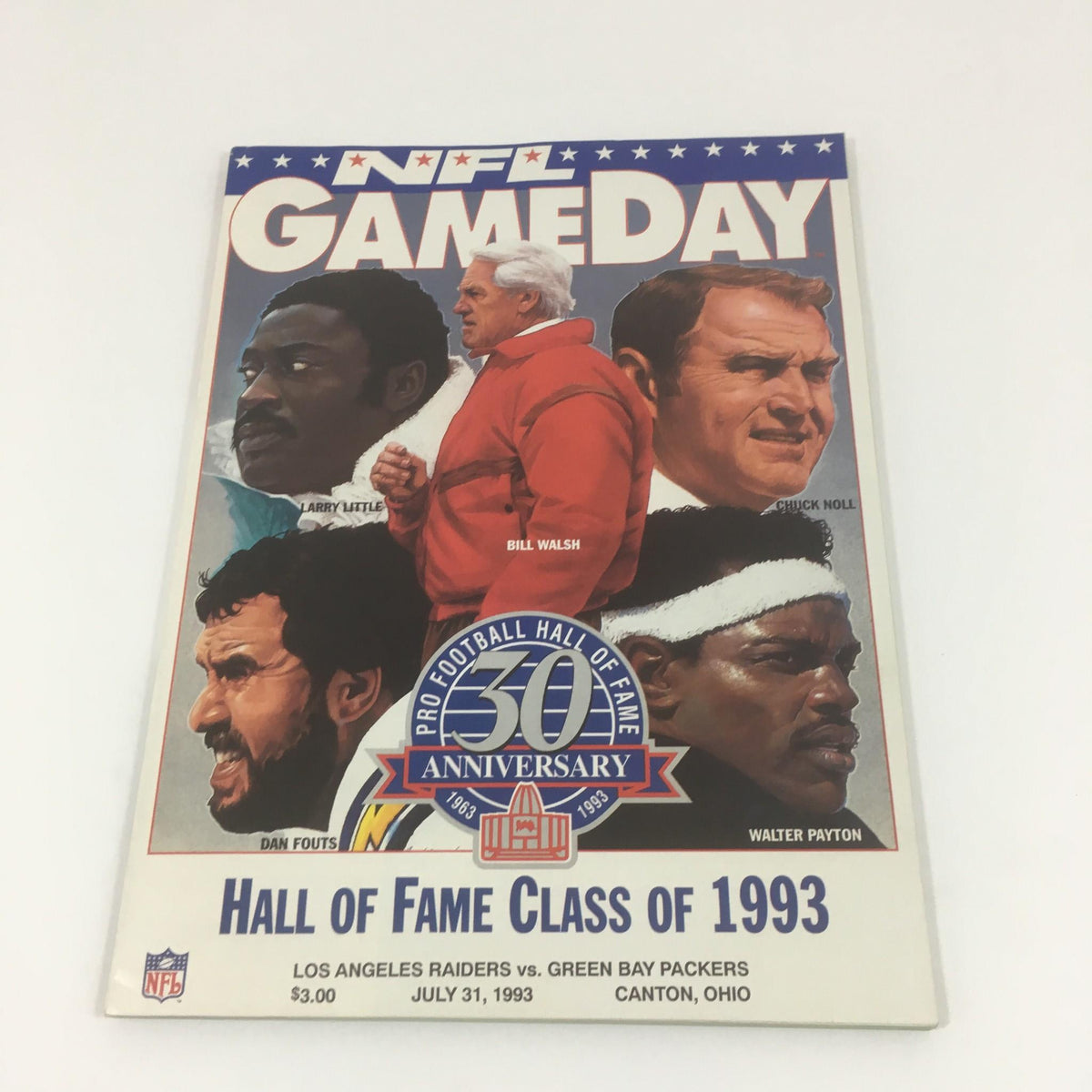 Close-up of the NFL Game Day Hall of Fame Class of 1993 July 31 Magazine cover showcasing notable football personalities.