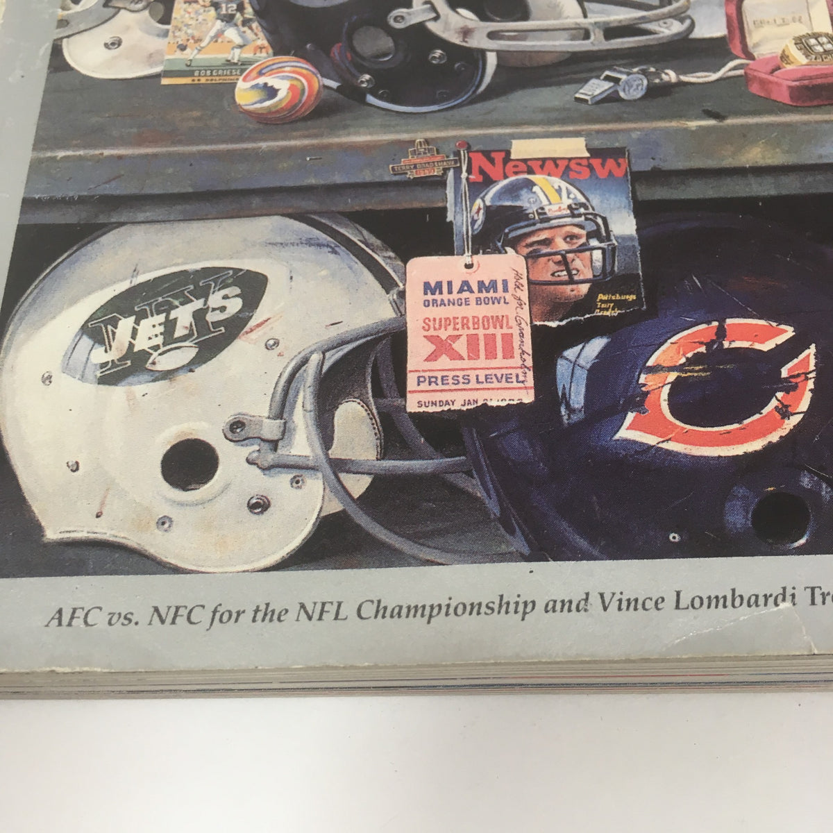 Graphical representation in the Official Super Bowl XXV Game Program January 27, 1991, showing football helmets and event details.