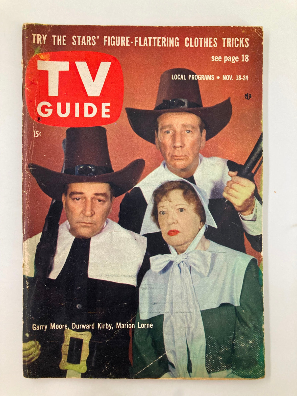 Cover of TV Guide Magazine November 18 1961 featuring Garry Moore, Durward Kirby, and Marion Lorne, showcasing humor with a western theme.