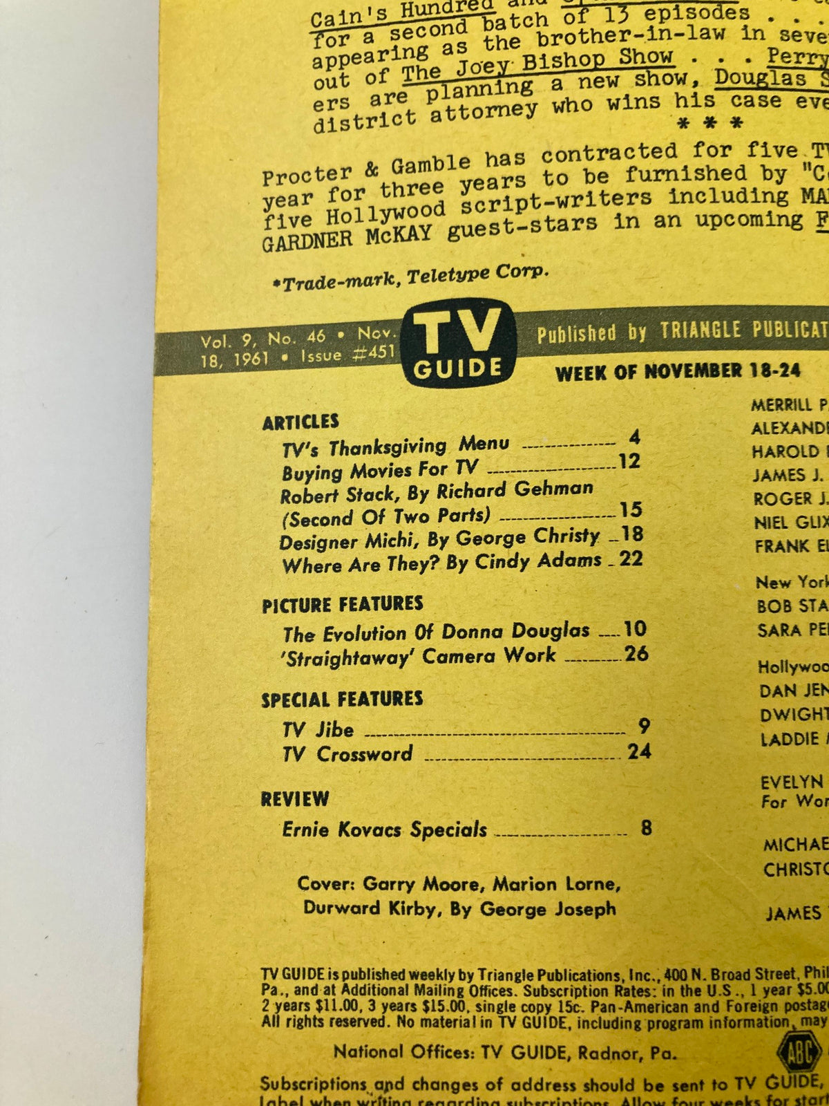 TV Guide Magazine November 18 1961 featuring Garry Moore on the cover, showcasing various articles and features including Thanksgiving recipes and special TV shows.