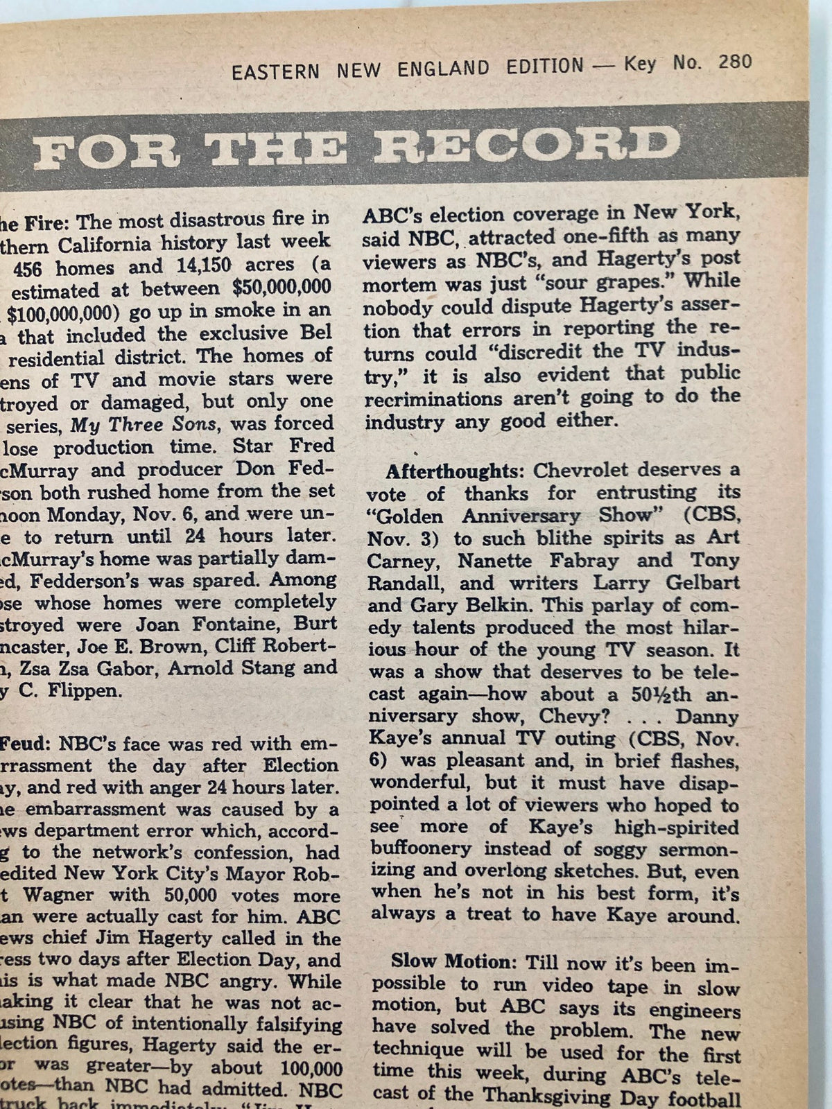 Inside page of TV Guide Magazine November 18 1961, Eastern New England Edition, discussing television news and notable broadcasts.