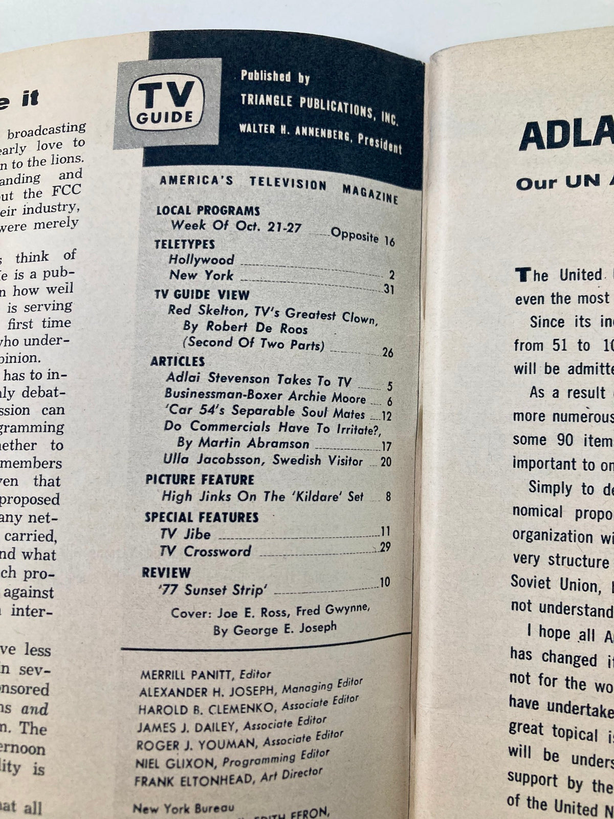 Inside page of TV Guide Magazine from October 21, 1961, featuring local program listings and articles including 'TV Guide View' and 'Special Features', showcasing comedian Joe E. Ross on the cover.