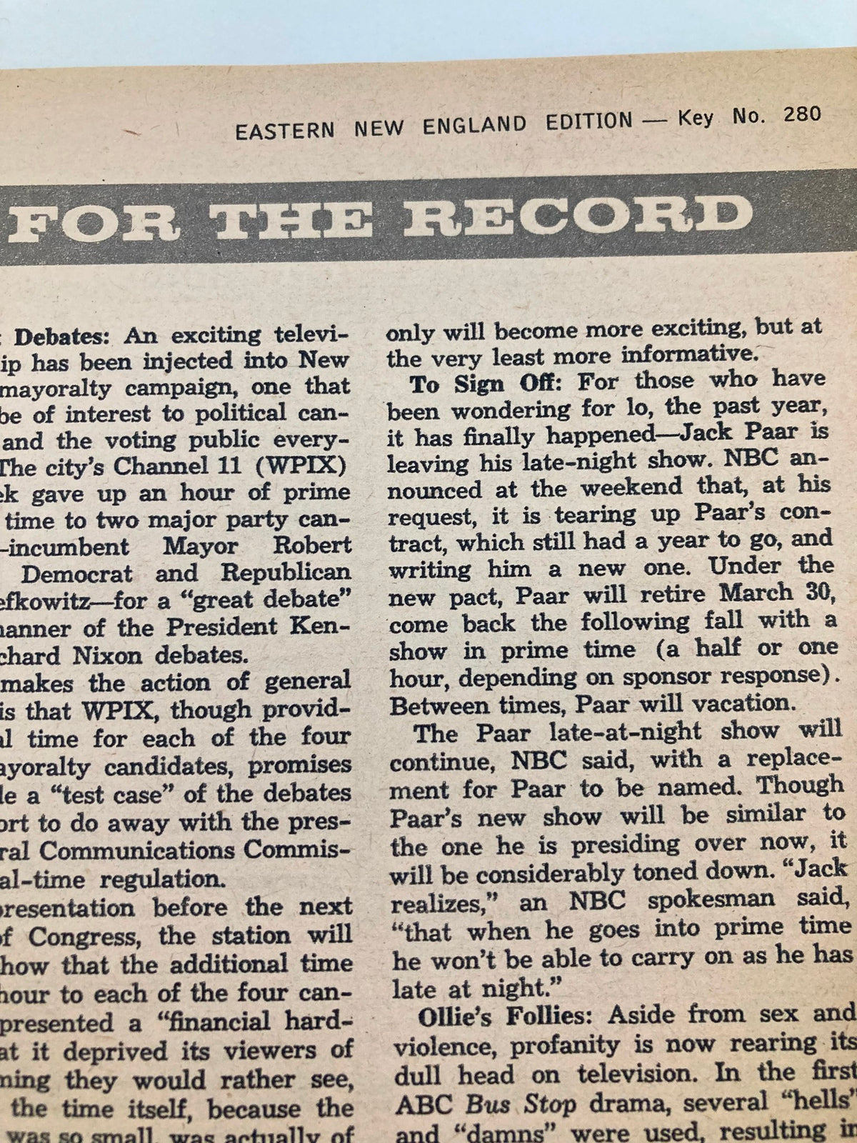 Page from TV Guide Magazine October 21, 1961 featuring articles on television debates and the notable Jack Paar, part of the Eastern New England Edition.