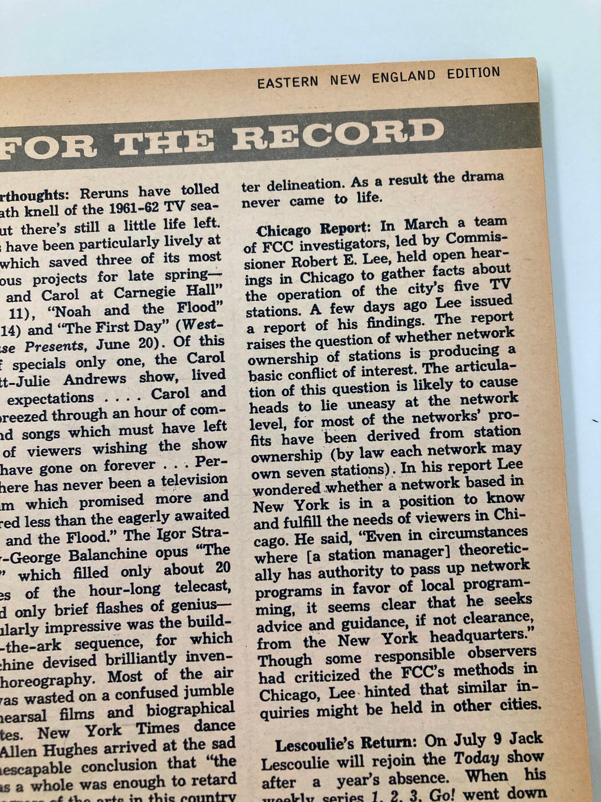 Article page from TV Guide Magazine June 30 1962, containing TV reviews and features for the Eastern New England Edition.