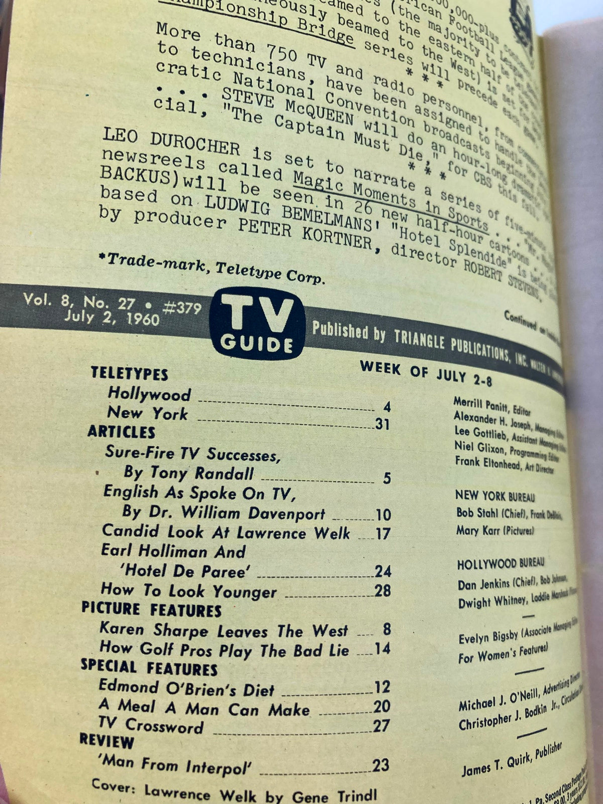 Inside page of the TV Guide Magazine July 2 1960 displaying articles and features, including a section on Lawrence Welk exclusive to this issue.