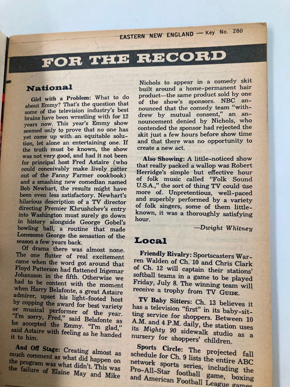 Another inside page from the TV Guide Magazine July 2 1960 showing national and local television listings along with an article on Emmy awards.