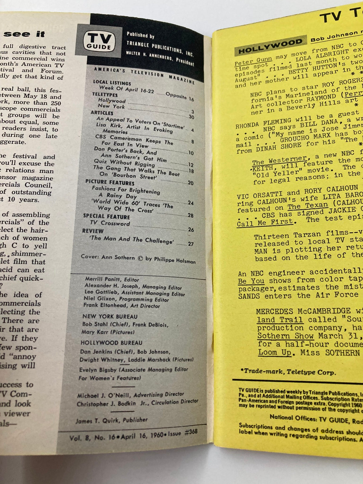 Inside page of the TV Guide Magazine April 16 1960 showing local listings and articles, including features about Ann Sothern.