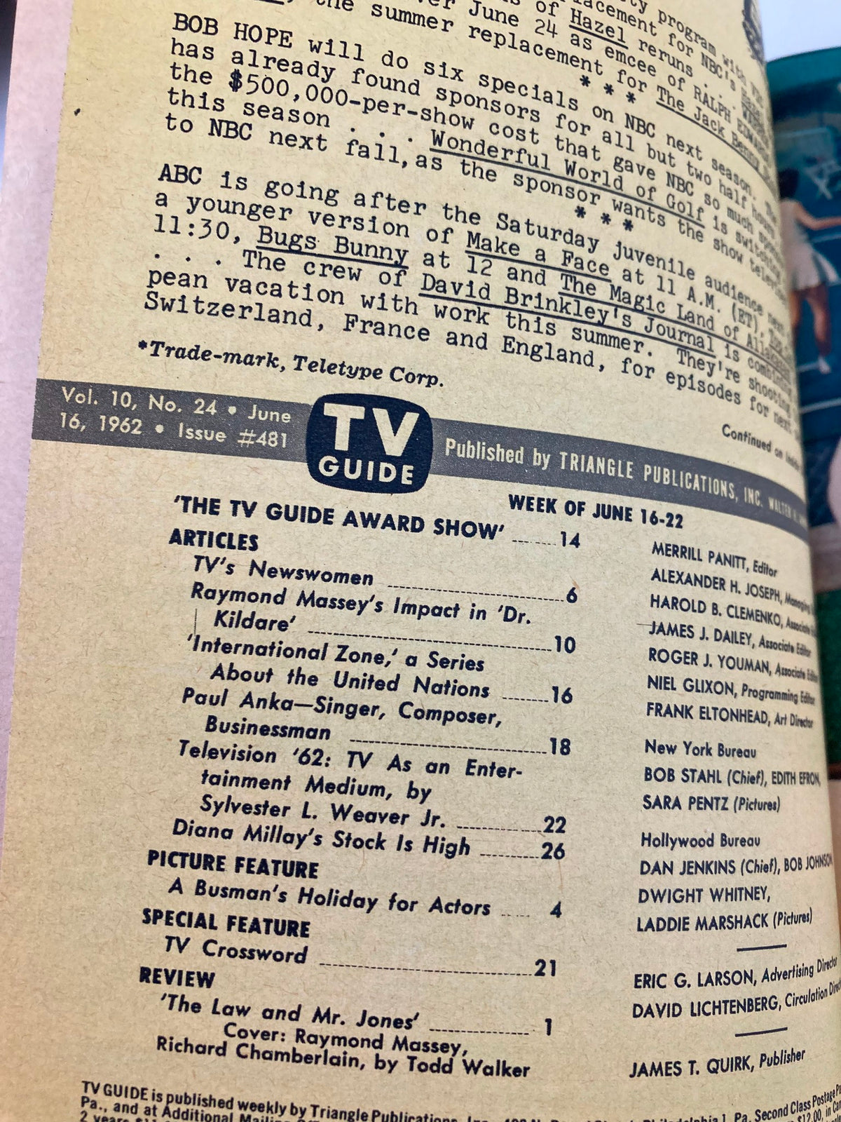 Page inside TV Guide Magazine June 16 1962 showcasing various articles, including highlights of Raymond Massey’s impact in 'Dr. Kildare' and insights into the television industry of the time.