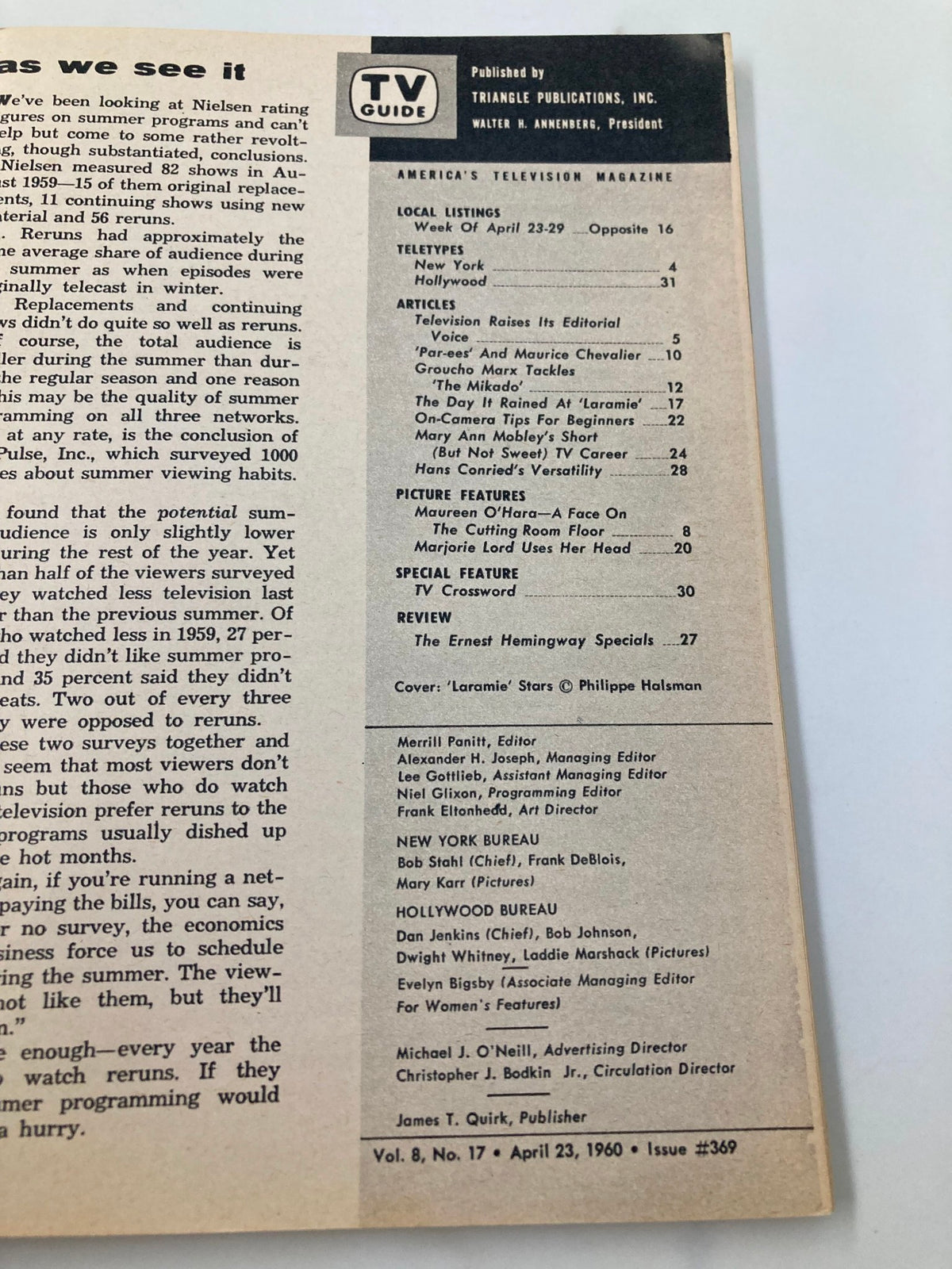 Inside page of TV Guide Magazine from April 23, 1960, illustrating local listings and articles related to television programming of that era.