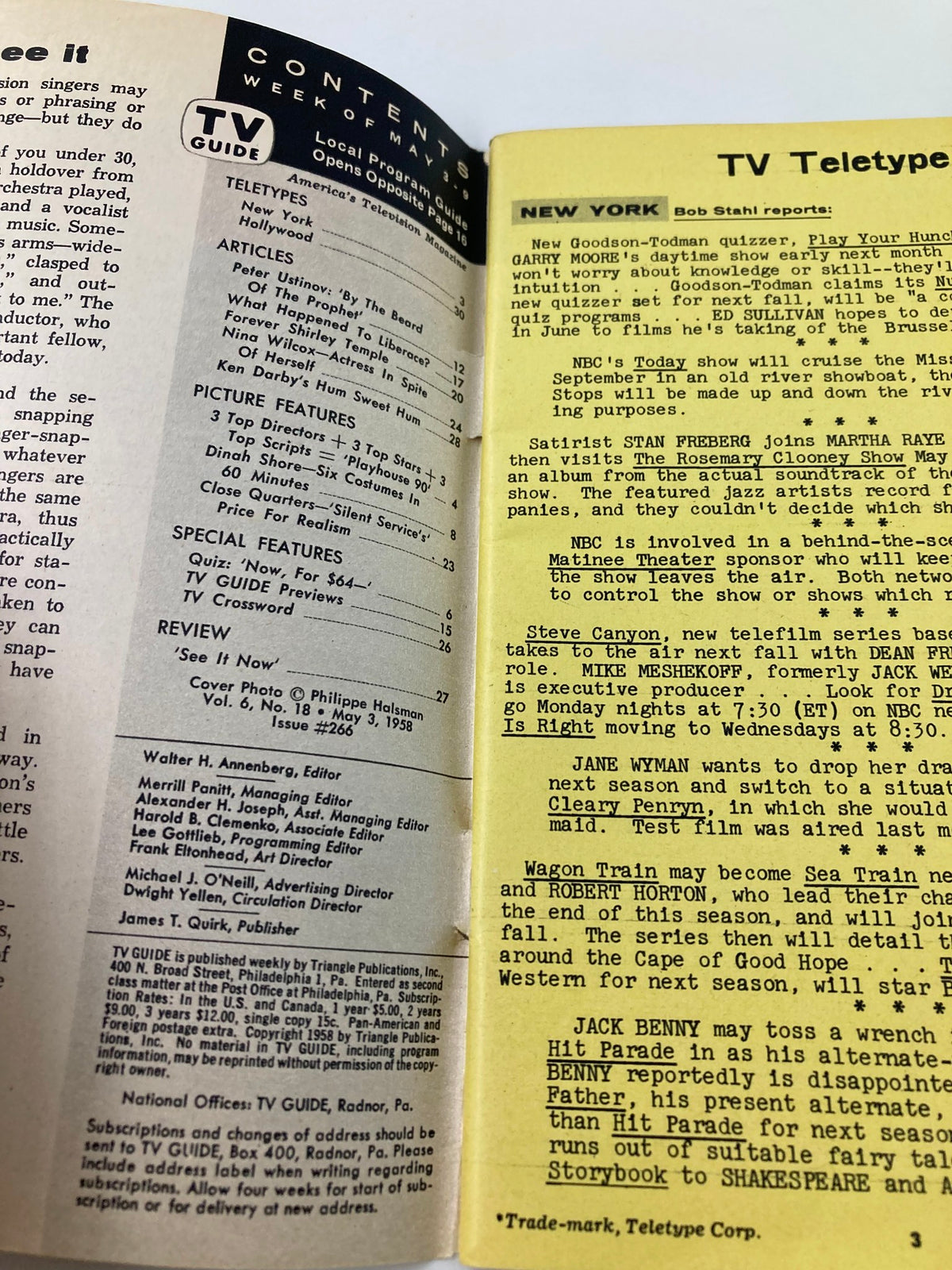 Interior page of the TV Guide Magazine May 3, 1958 displaying contents and articles, including features on pop culture from the late 1950s.