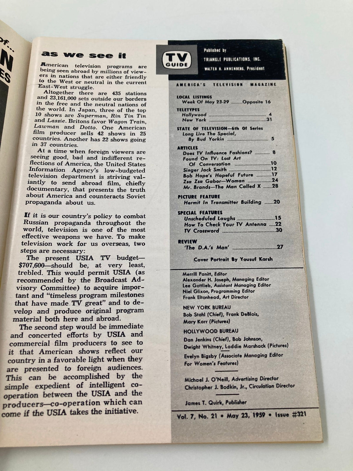 Interior page of TV Guide Magazine May 23 1959 showing the table of contents and article listings including 'Does TV Influence Fashions?' and 'Bob Hope's Hopeful Future'.