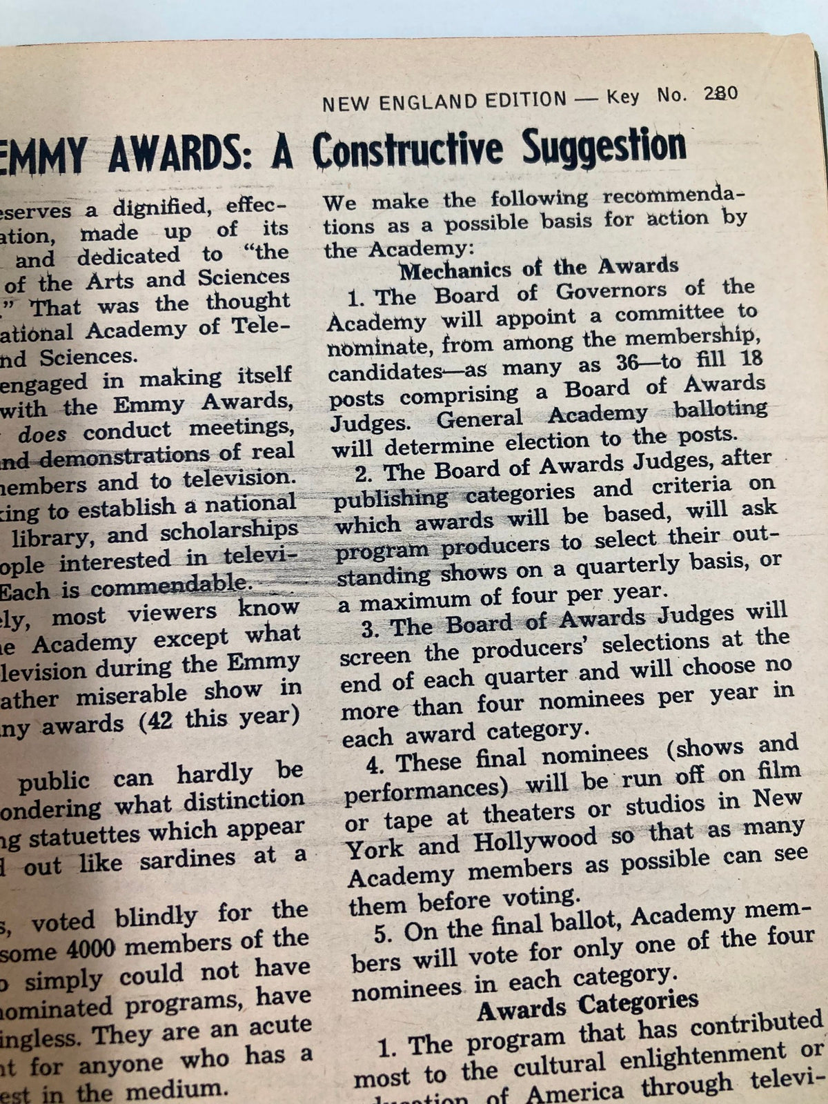 Second interior page of TV Guide Magazine May 23 1959 discussing the Emmy Awards and suggestions for the Academy, underlining the importance of effective television programming.