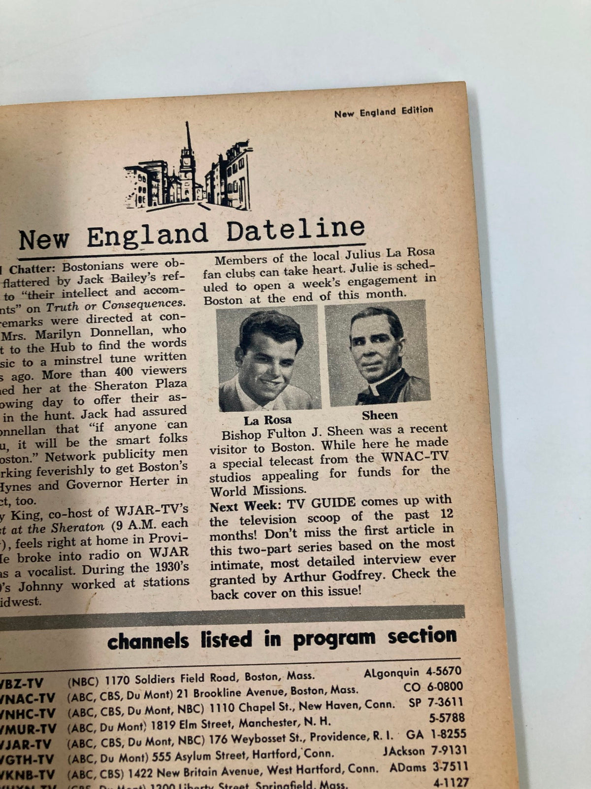 Article page from the TV Guide Magazine January 1 1955, highlighting local New England Dateline content and television personalities of the era.