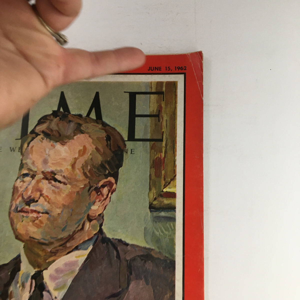 Close-up view of the Time Magazine June 15 1962 Vol 79 #24 cover, highlighting the painted image of Nelson Rockefeller, capturing the essence of 1960s American political culture.