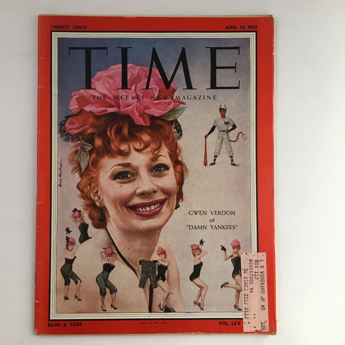 Cover of Time Magazine June 13, 1955, Vol 65 #24 featuring Gwen Verdon of Damn Yankees, showcasing vibrant artwork and nostalgic era details.