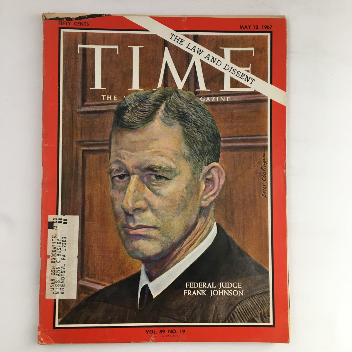 Cover of Time Magazine dated May 12, 1967, Vol 89 No 19, featuring Federal Judge Frank Johnson, highlighting the theme 'The Law and Dissent.'