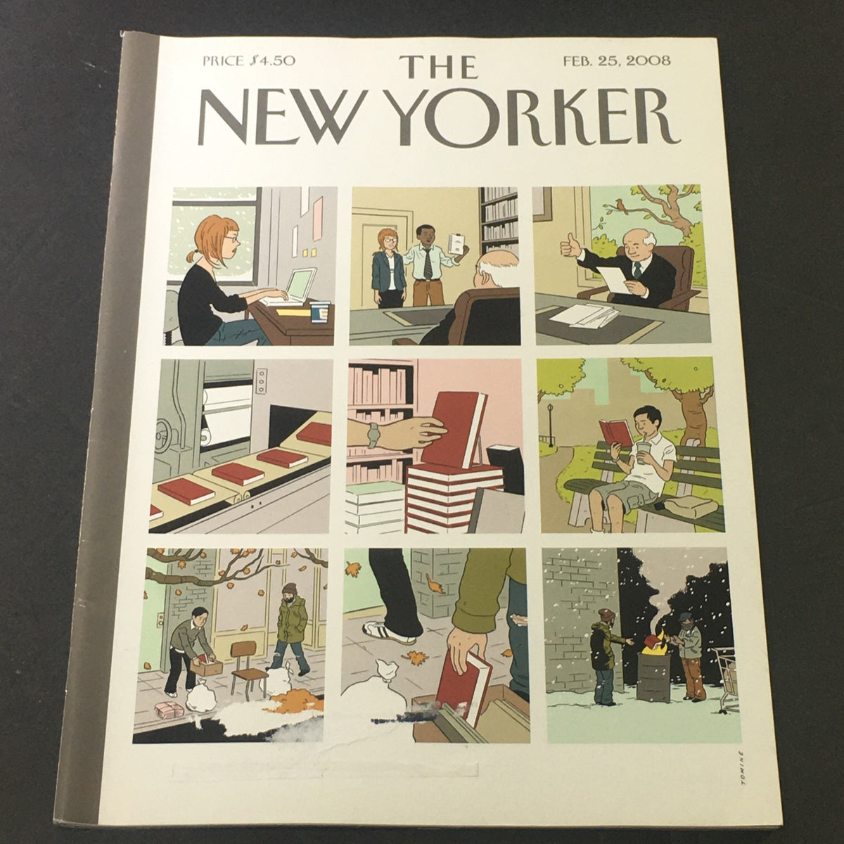 The New Yorker February 25 2008 - Full Magazine Theme Cover by Adrian Tomine, depicting various scenes of daily life and interaction in a grid layout. This vintage magazine showcases contemporary culture and artistic expression.