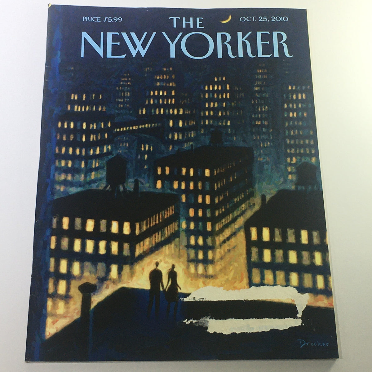 Cover of The New Yorker magazine dated October 25, 2010, featuring the artistic design by Adam Drooker, showcasing a cityscape at night with iconic silhouettes.
