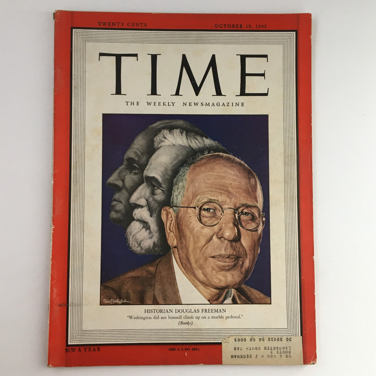 Time Magazine cover from October 18, 1948 featuring historian Douglas Freeman, showcasing a portrait illustration with distinct colored backgrounds and text detailing his quote.