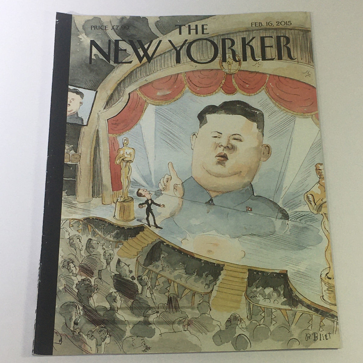 Cover of The New Yorker from February 16, 2015, featuring artwork by Barry Blitt, depicting a theatrical scene with a caricatured figure resembling a political leader. This vintage magazine embodies contemporary cultural commentary and is a collectible item for enthusiasts.