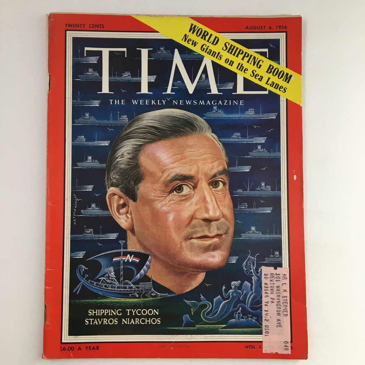 Time Magazine August 6, 1956, Vol. 68 No. 6 featuring a cover portrait of shipping tycoon Stavros Niarchos, highlighting the theme 'World Shipping Boom' with illustrations depicting ships in the background.