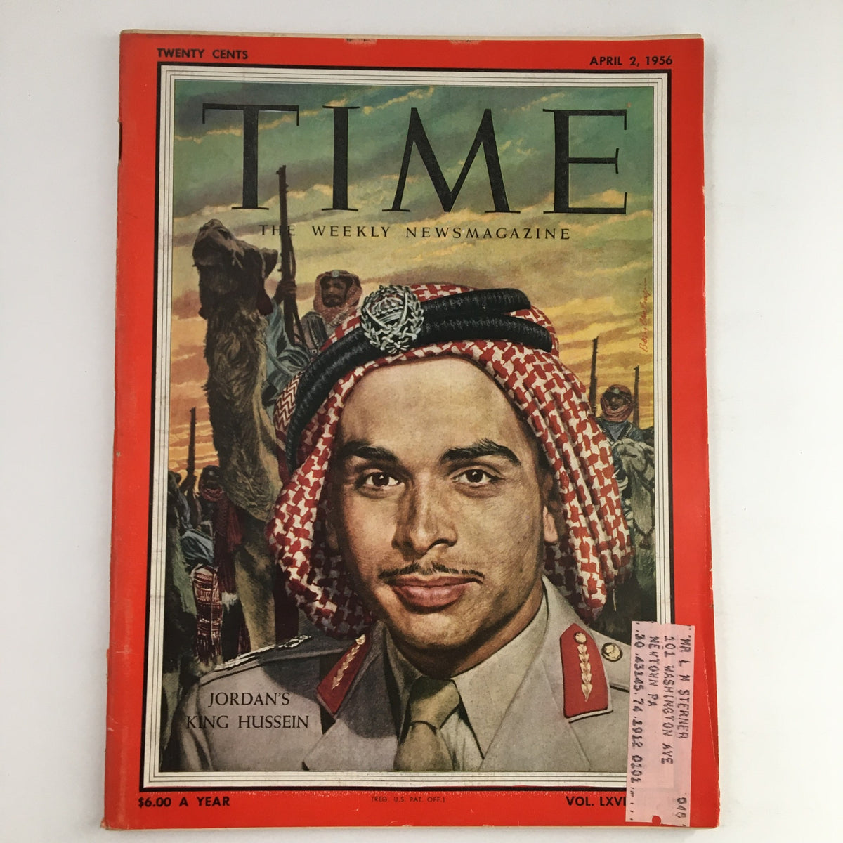Cover of Time Magazine from April 2, 1956, Volume 67, Number 4, featuring a portrait of King Hussein of Jordan, highlighted by a red border and an illustration depicting cultural elements of Jordan.