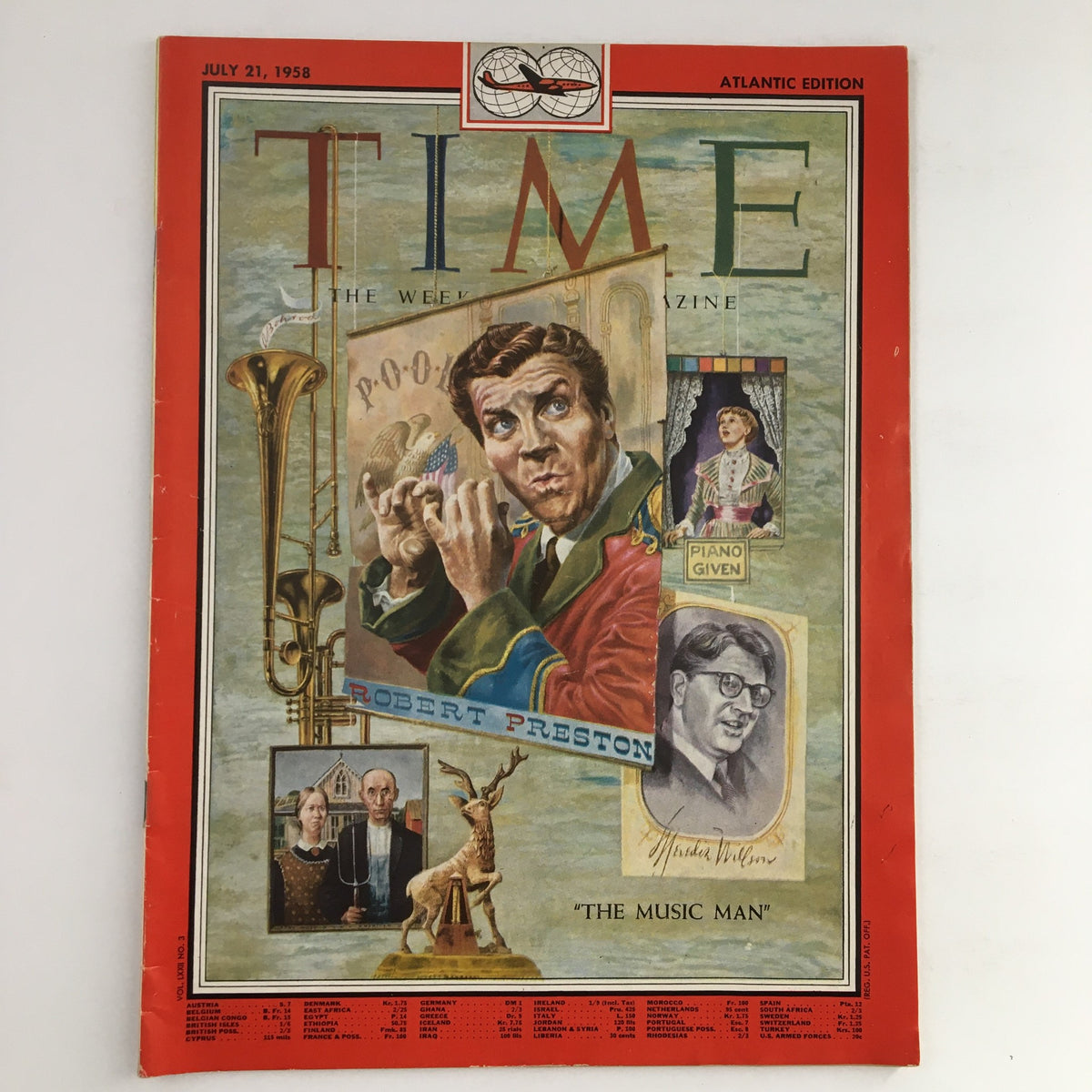 Time Magazine cover from July 21, 1958, Vol. 72 No. 3 featuring Robert Preston in 'The Music Man'. The cover showcases vibrant illustrations and graphics, highlighting musical elements and characters associated with the production. The magazine is part of the Atlantic Edition and displays signs of minor wear.