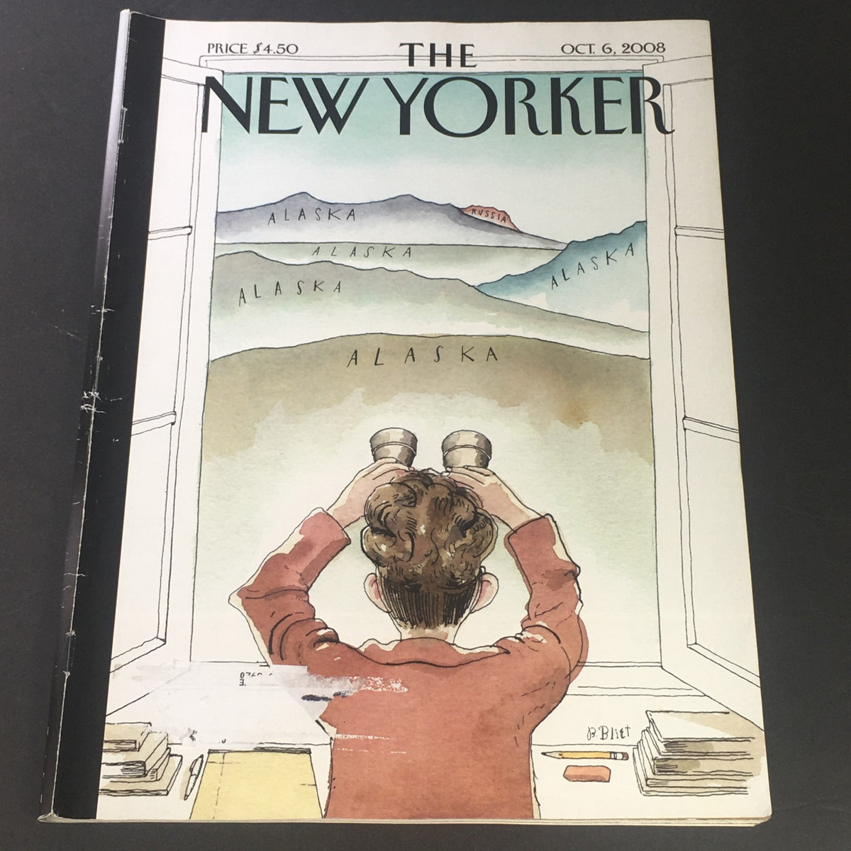 The New Yorker October 6 2008 cover featuring artwork by Barry Blitt, depicting a character looking through binoculars at mountains labeled 'Alaska', showcasing classic magazine illustration and journalism.