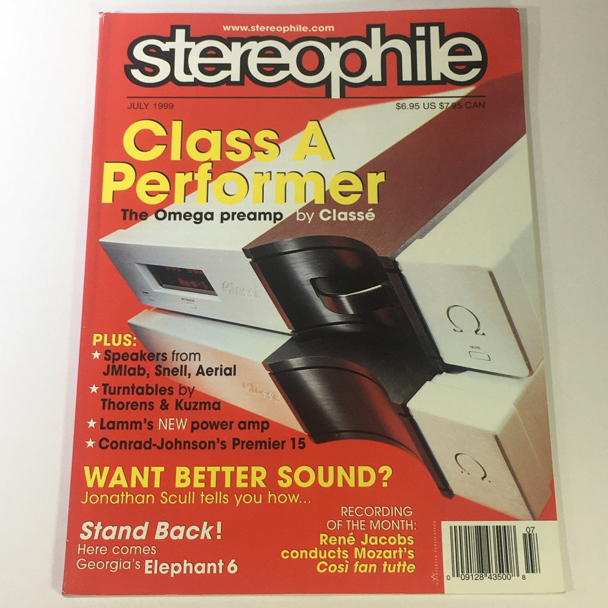 Cover of Stereophile Magazine July 1999 featuring 'Class A Performer: The Omega preamp by Classé'. Highlights include reviews on audio equipment and a recording of the month by René Jacobs.