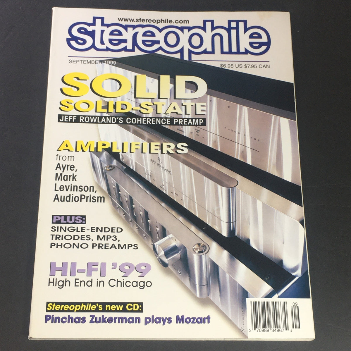Cover of Stereophile Magazine from September 1999 featuring the Jeff Rowland Coherence Pre Amp. The issue highlights solid-state amplifiers and includes topics on high-end audio equipment.