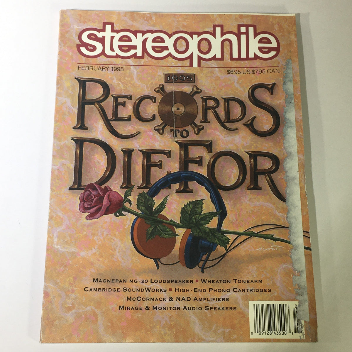 Cover of Stereophile Magazine February 1995 featuring the title 'Records to Die For' with artwork including a record and headphones. Highlights include discussions on McCormack and NAD amplifiers, Wheaton Tonearm.