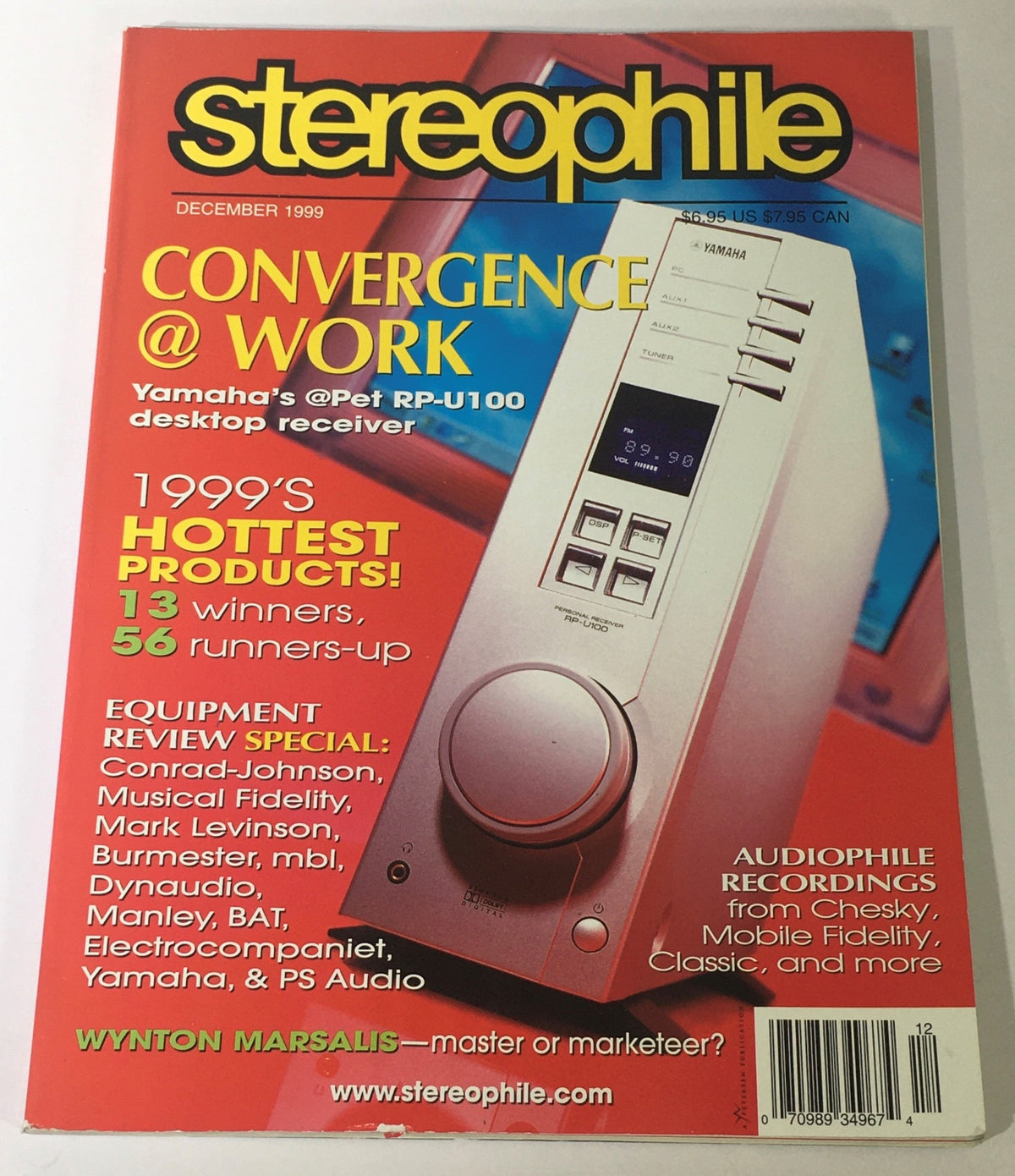 Cover of Stereophile Magazine December 1999 featuring a review of Conrad-Johnson and Mark Levinson audio equipment, highlighting Yamaha's RP-U100 desktop receiver and showcasing 1999's hottest audio products.