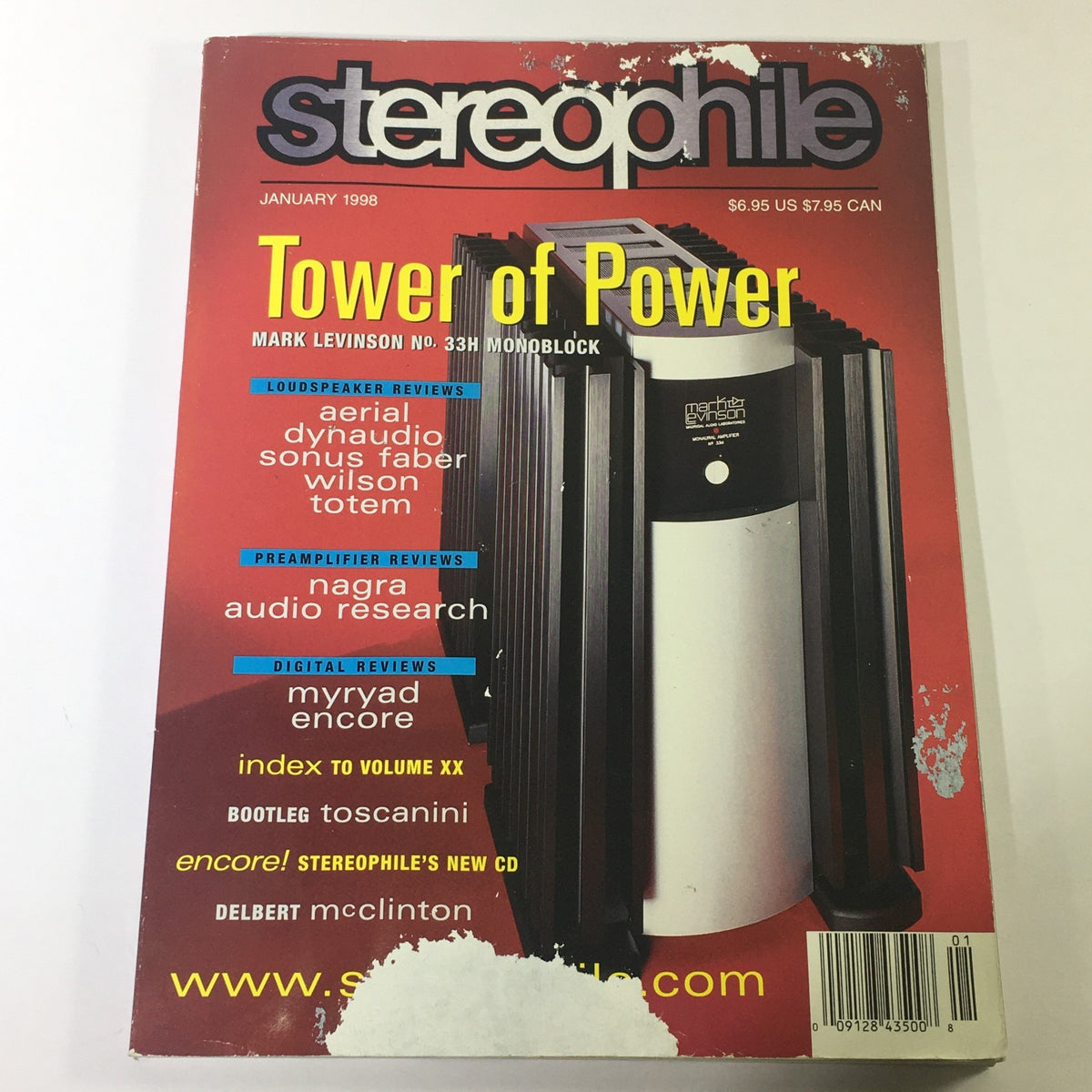 Cover of Stereophile Magazine January 1998 featuring the Mark Levinson No. 33H Monoblock with the title 'Tower of Power'. The cover highlights various audio reviews and vintage audio technology topics, making it a collectible issue for audiophiles.