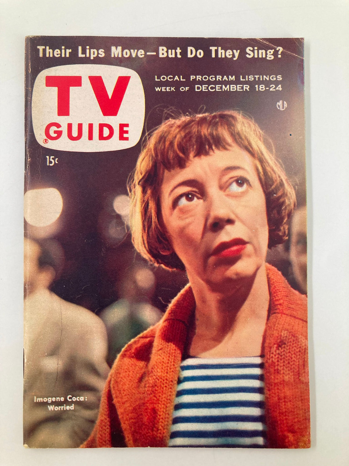 TV Guide Magazine December 18 1954 featuring Imogene Coca on the cover, showcasing vintage television culture with a worried look.