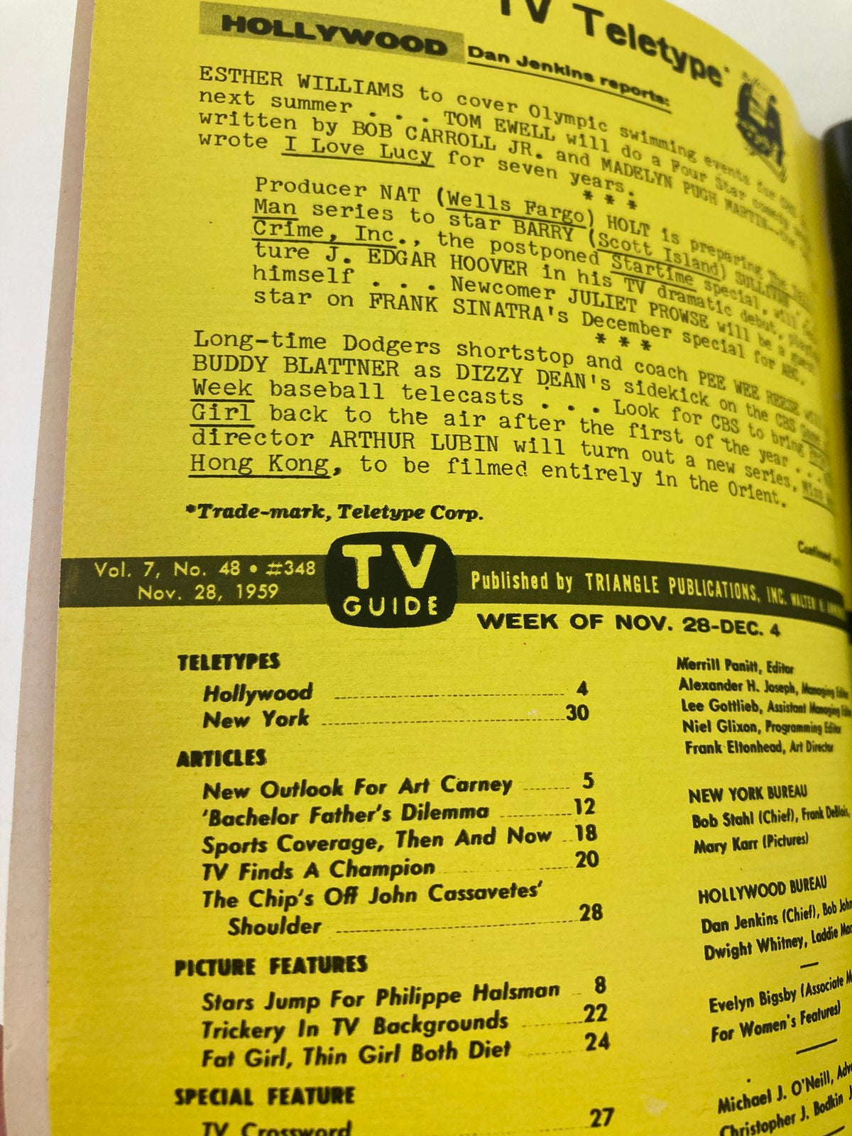 Interior page of TV Guide Magazine November 28 1959, displaying articles and features including a section on Hollywood news and teletype updates.