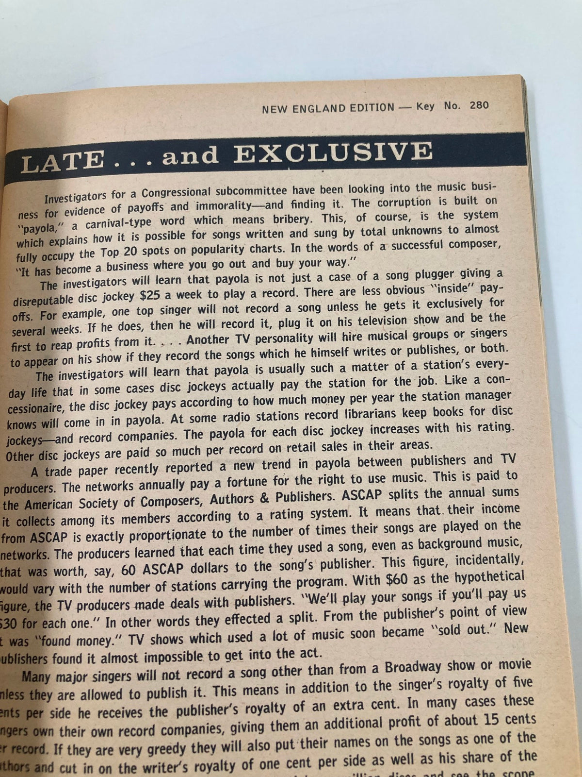 Another interior page of TV Guide Magazine November 28 1959, highlighting an exclusive article on payola in the music business with insights into industry practices.