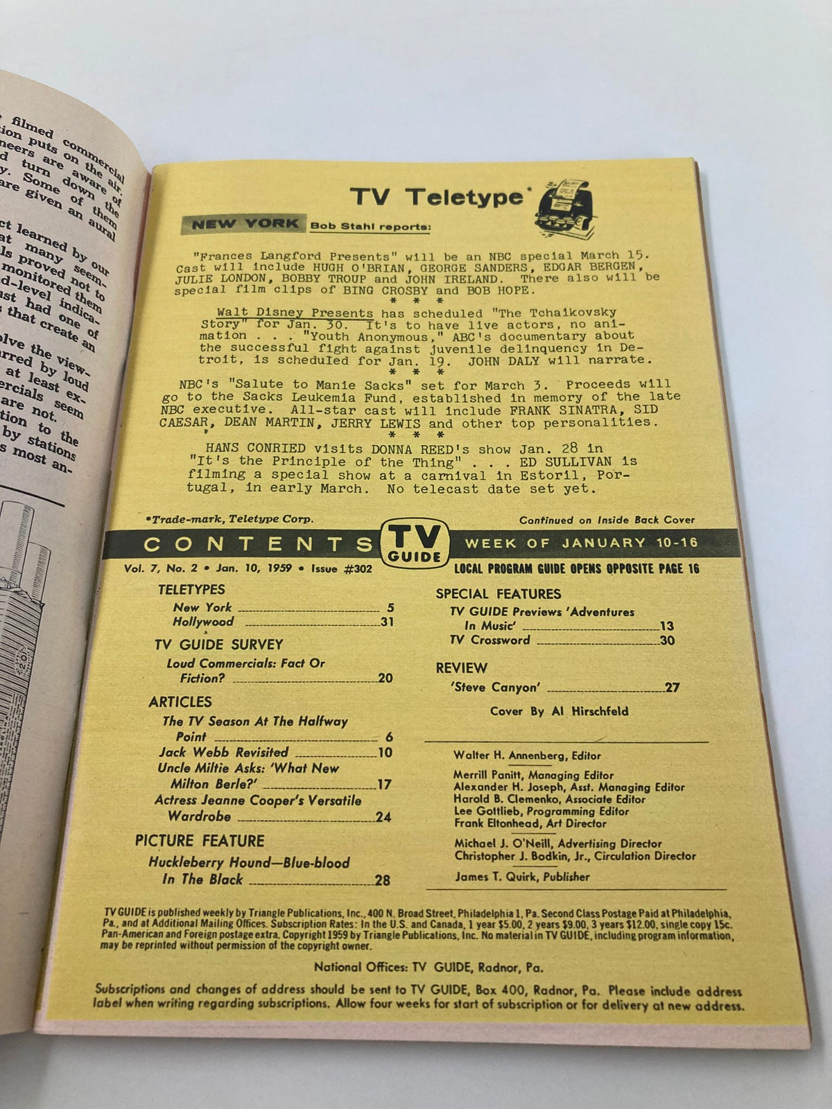 Interior contents page of TV Guide Magazine January 10, 1959, detailing articles, features, and listings for the week January 10-16. It reflects historical television programming.