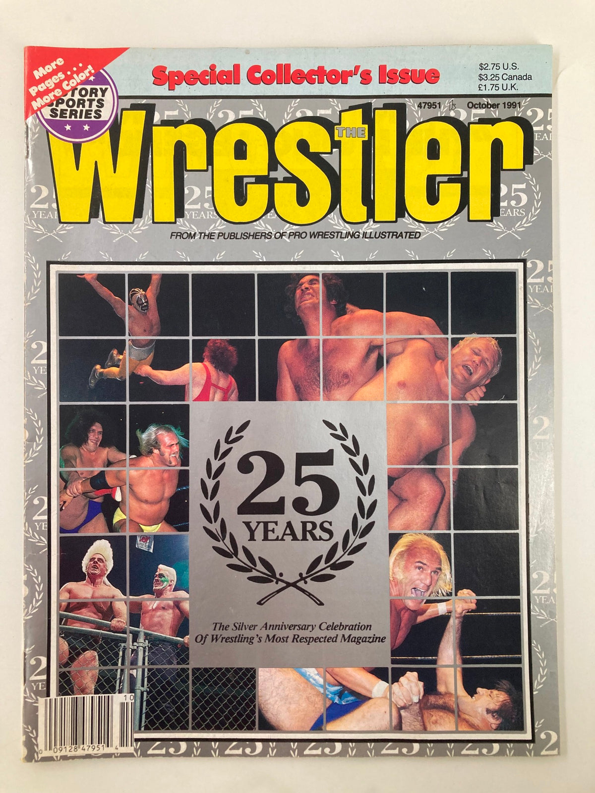 The Wrestler Magazine October 1991 cover featuring the iconic match between Hulk Hogan and Andre the Giant, celebrating the magazine's 25th anniversary with images of wrestling legends.